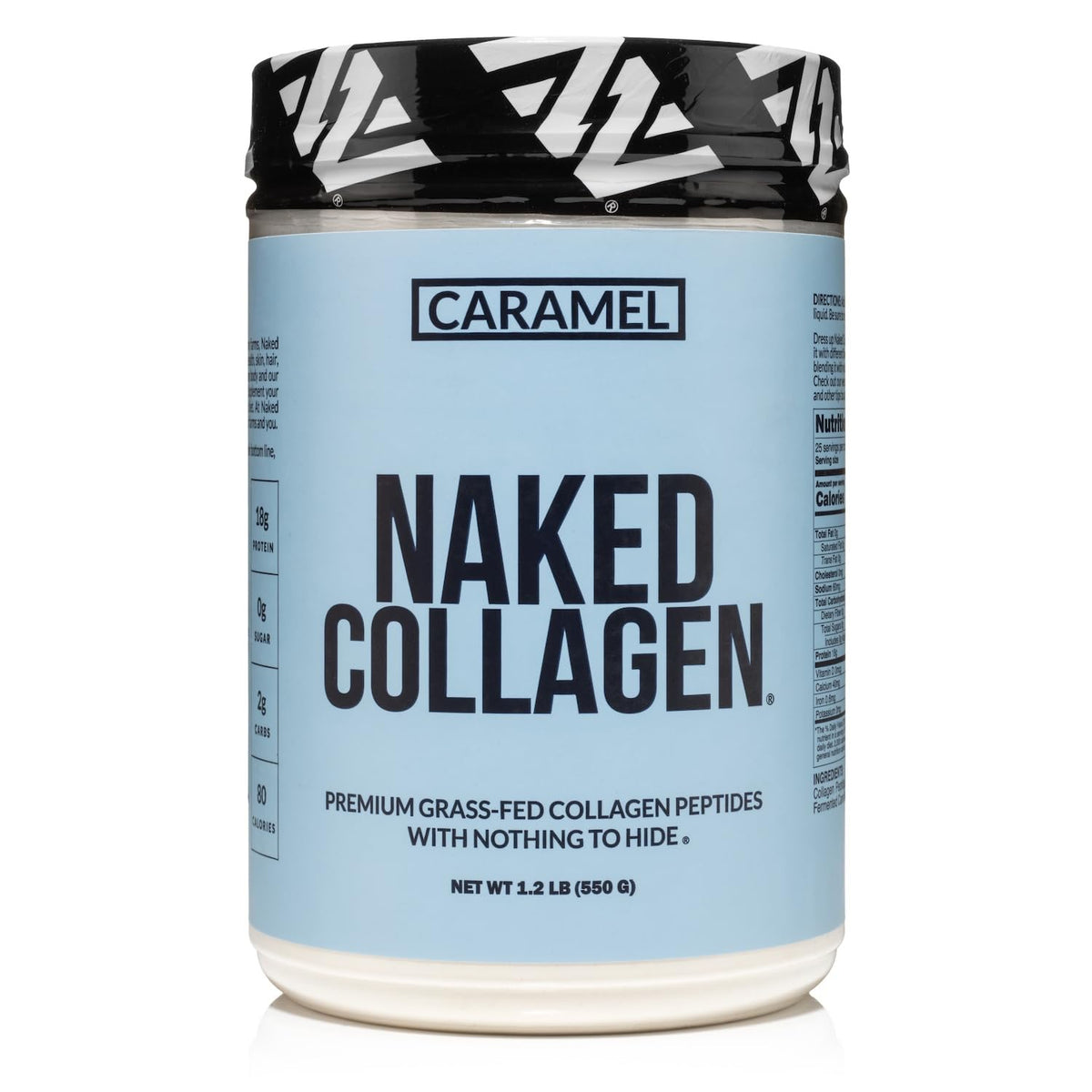 NAKED Caramel Collagen Powder tub shown as a versatile base for shakes and beverages.