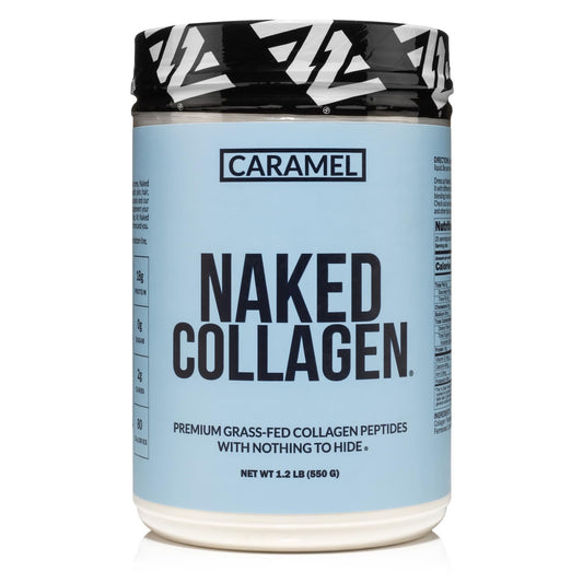 NAKED Caramel Collagen Powder tub shown as a versatile base for shakes and beverages.