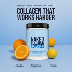 Scoop of NAKED Chocolate Collagen Advanced powder dispensing from tub.