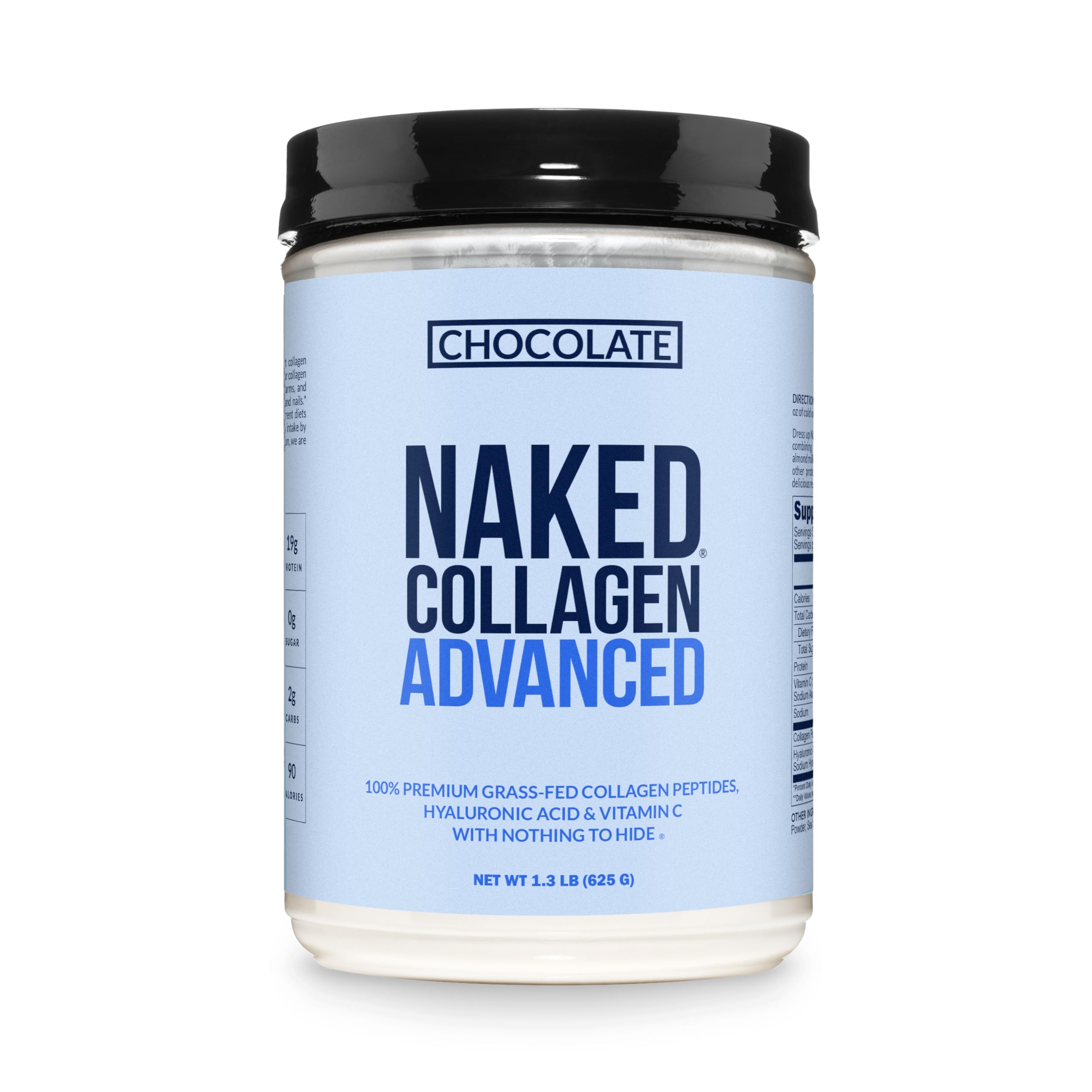 NAKED Chocolate Collagen Advanced tub front view showing rich powder and label benefits.