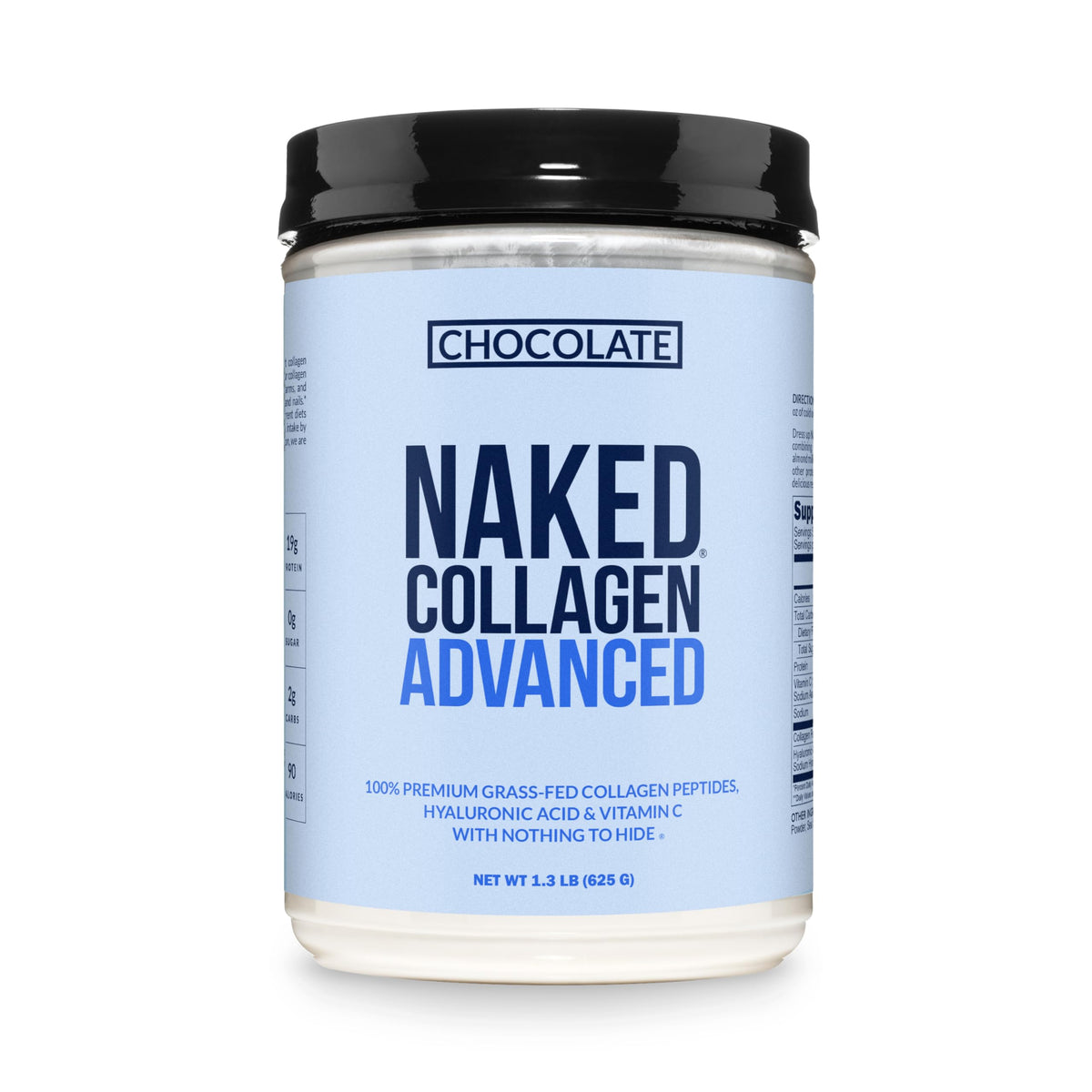 NAKED Chocolate Collagen Advanced tub front view showing rich powder and label benefits.