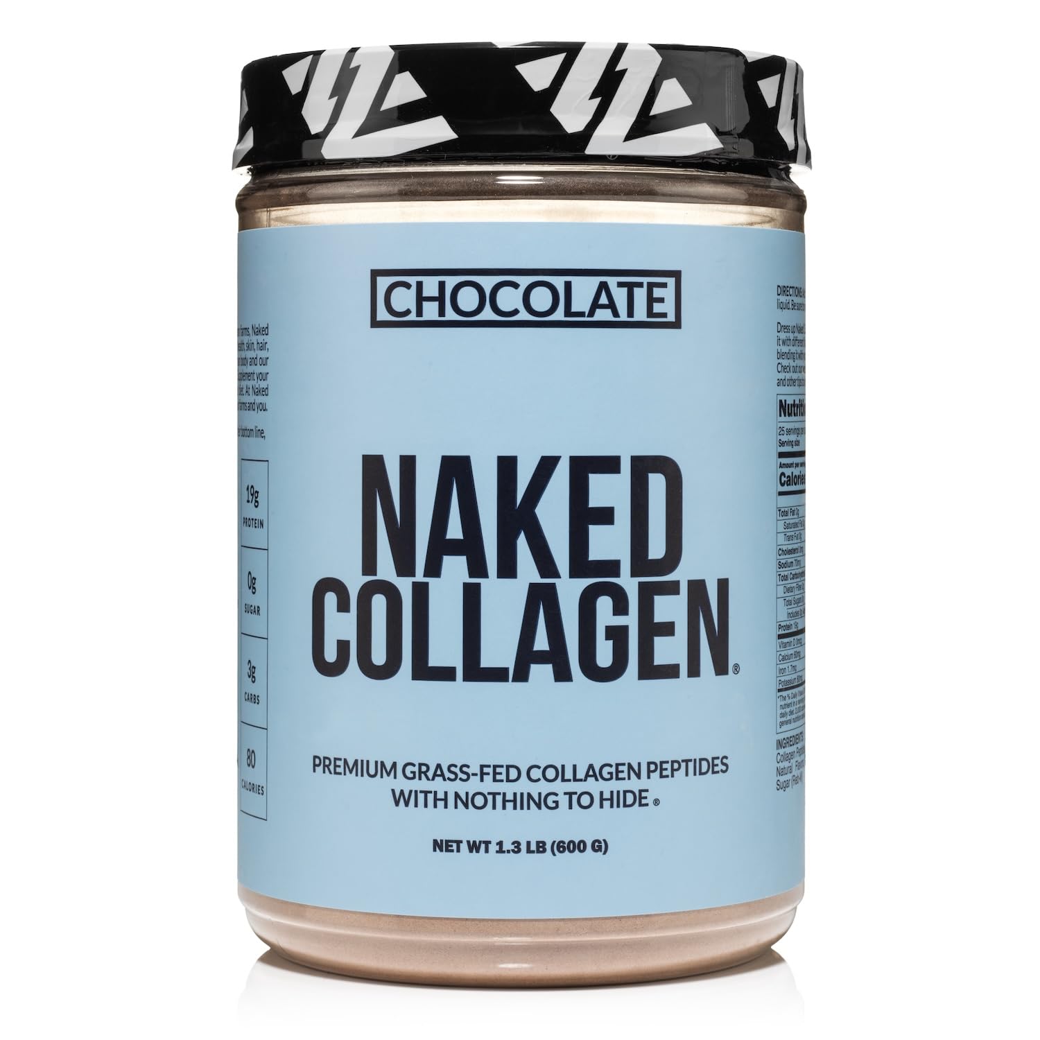 NAKED Chocolate Collagen Powder jar showing grass-fed sourcing for smoothies