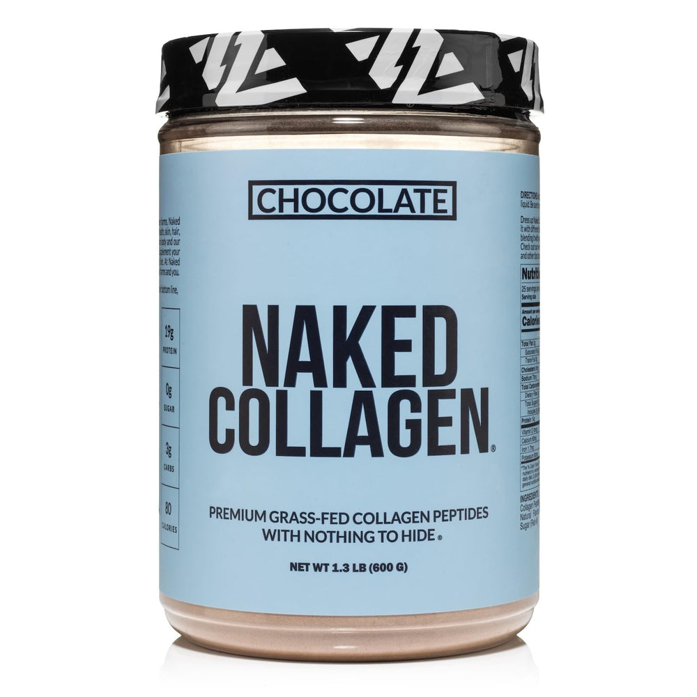 NAKED Chocolate Collagen Powder jar showing grass-fed sourcing for smoothies