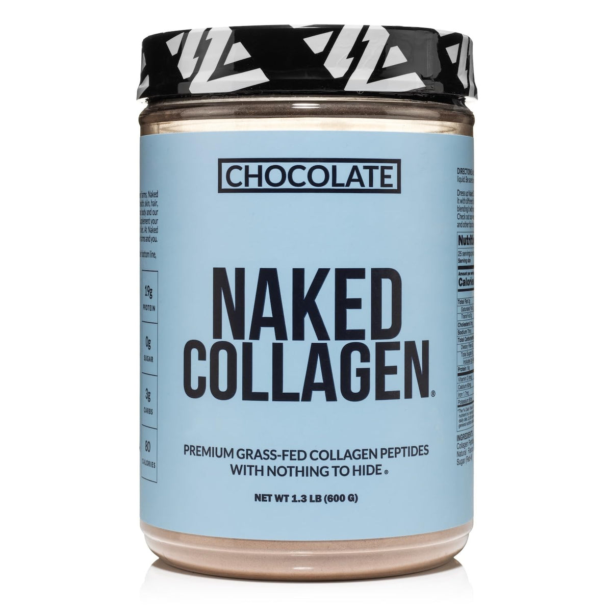 NAKED Chocolate Collagen Powder jar showing grass-fed sourcing for smoothies