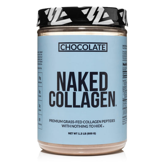 NAKED Chocolate Collagen Powder jar showing grass-fed sourcing for smoothies