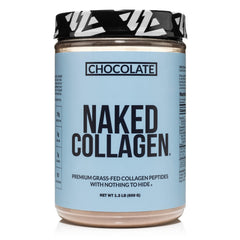 NAKED Chocolate Collagen Powder jar showing grass-fed sourcing for smoothies