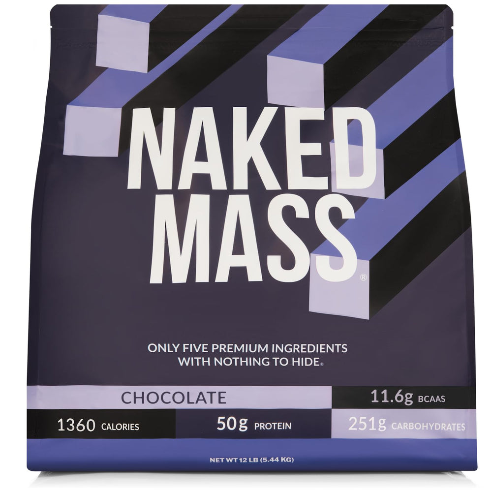 NAKED Chocolate Mass Gainer bag and scoop shows calorie-dense nutrition.