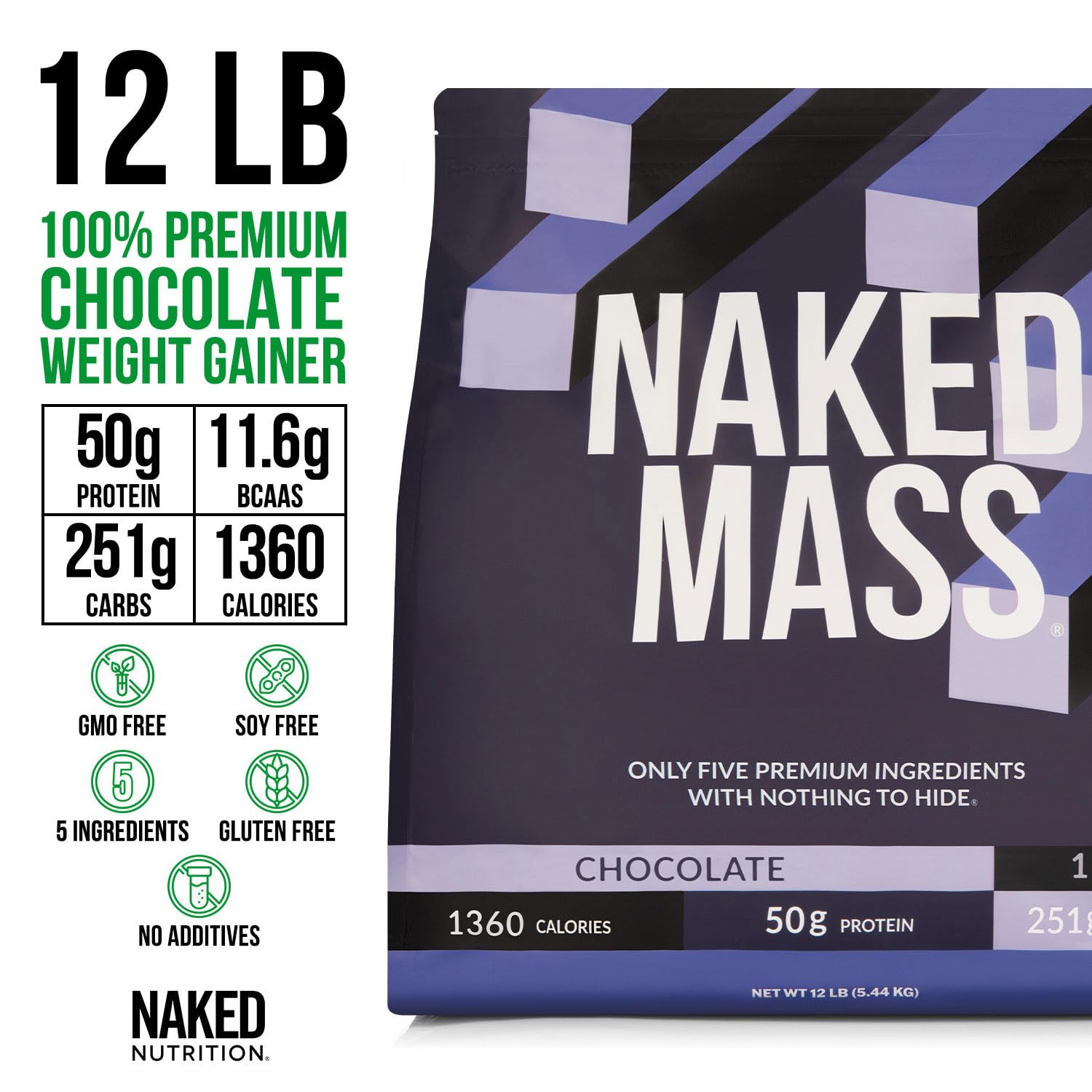 NAKED Chocolate Mass Gainer ingredients close-up highlights natural sources and allergen-friendly profile.