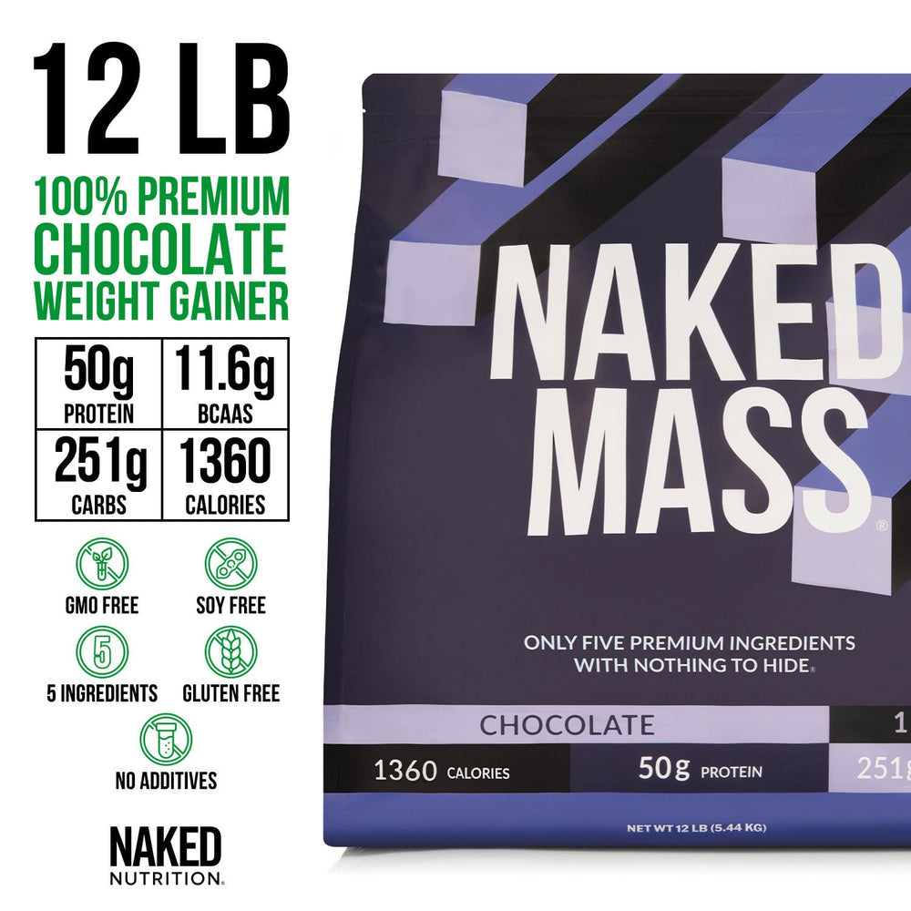 NAKED Chocolate Mass Gainer ingredients close-up highlights natural sources and allergen-friendly profile.