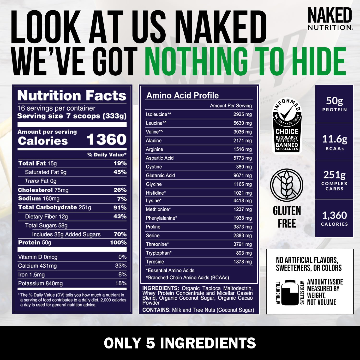 NAKED Chocolate Mass Gainer measured scoop illustrates easy portioning for meals.
