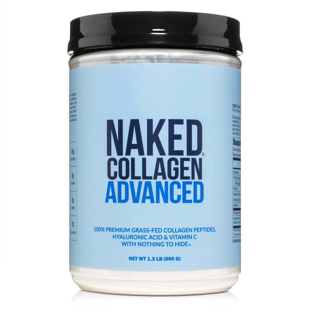 NAKED Collagen Advanced bottle pour showing convenient daily intake for skin and joints