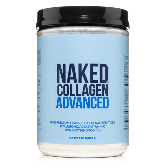 NAKED Collagen Advanced bottle pour showing convenient daily intake for skin and joints