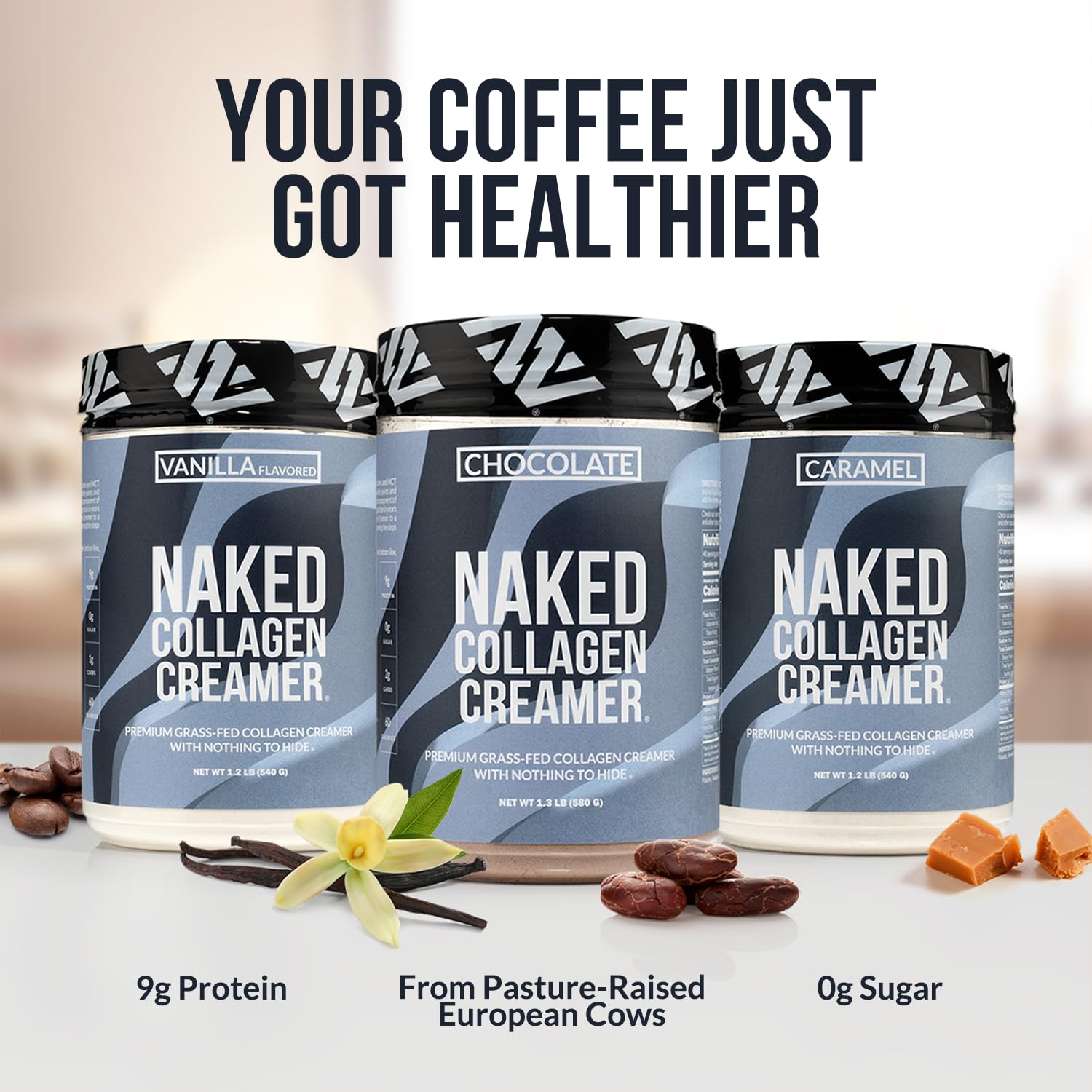 NAKED Collagen Coffee Creamer Vanilla packaging communicates dairy-free and GMO-free essentials