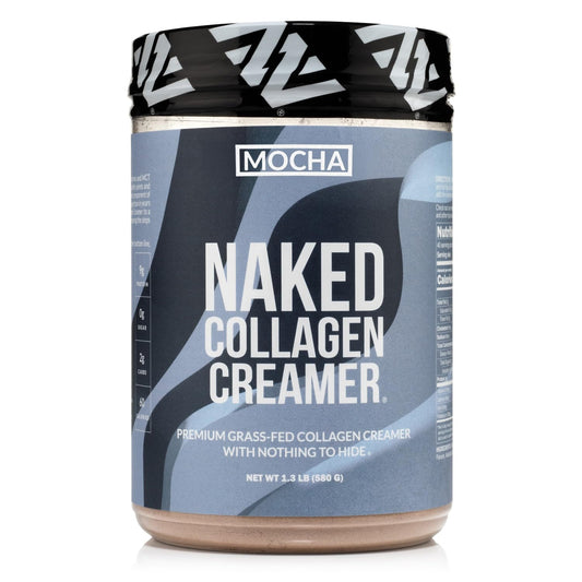 NAKED Collagen Mocha Creamer bottle on kitchen counter for easy dairy-free coffee enhancement.