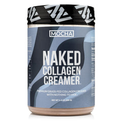 NAKED Collagen Mocha Creamer bottle on kitchen counter for easy dairy-free coffee enhancement.