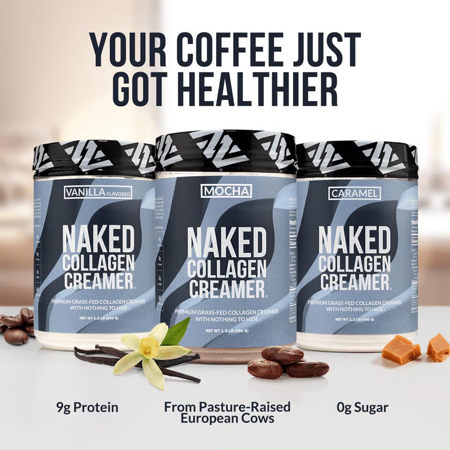 NAKED Collagen Mocha Creamer packaging highlights dairy-free and GMO-free claims.