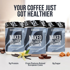 NAKED Collagen Mocha Creamer packaging highlights dairy-free and GMO-free claims.