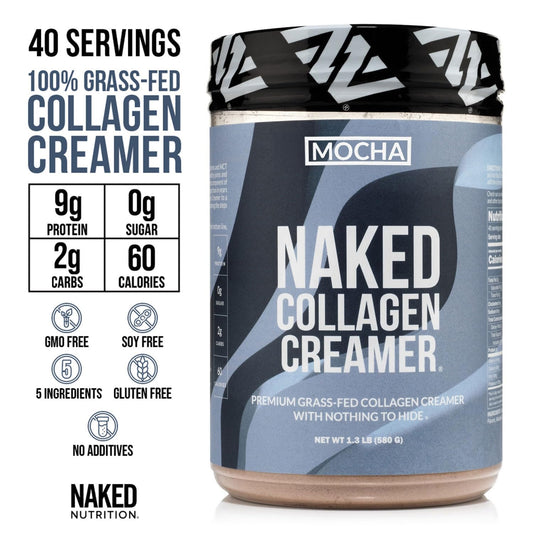 NAKED Collagen Mocha Creamer being poured into coffee for a creamy, dairy-free boost.