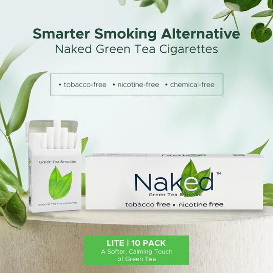 Naked Green Tea Cigarettes Lite pack back explains no tobacco and no additives.