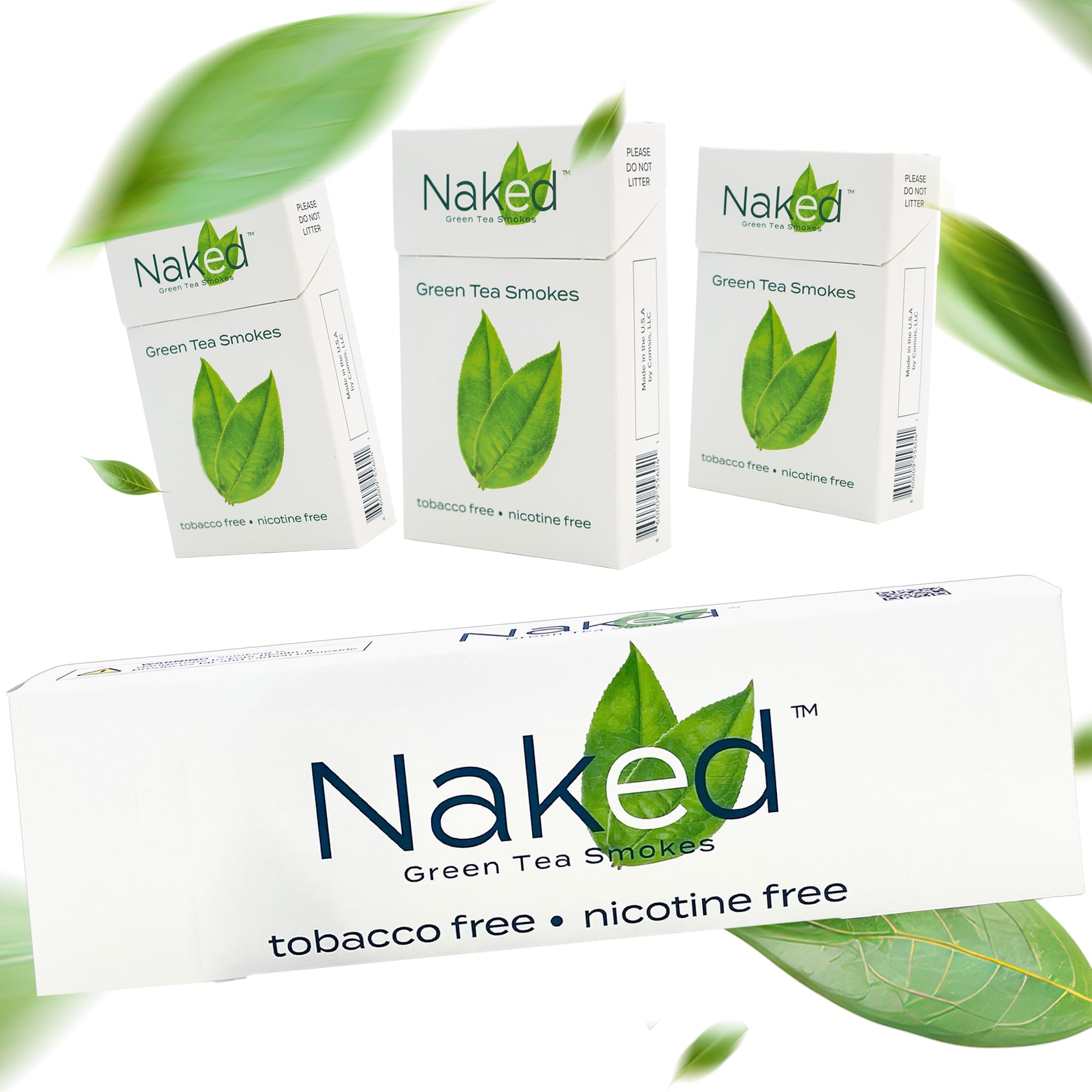 Naked Green Tea Cigarettes Lite pack front shows a nicotine-free, all-natural alternative.