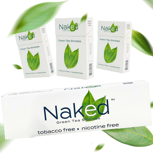 Naked Green Tea Cigarettes Lite pack front shows a nicotine-free, all-natural alternative.