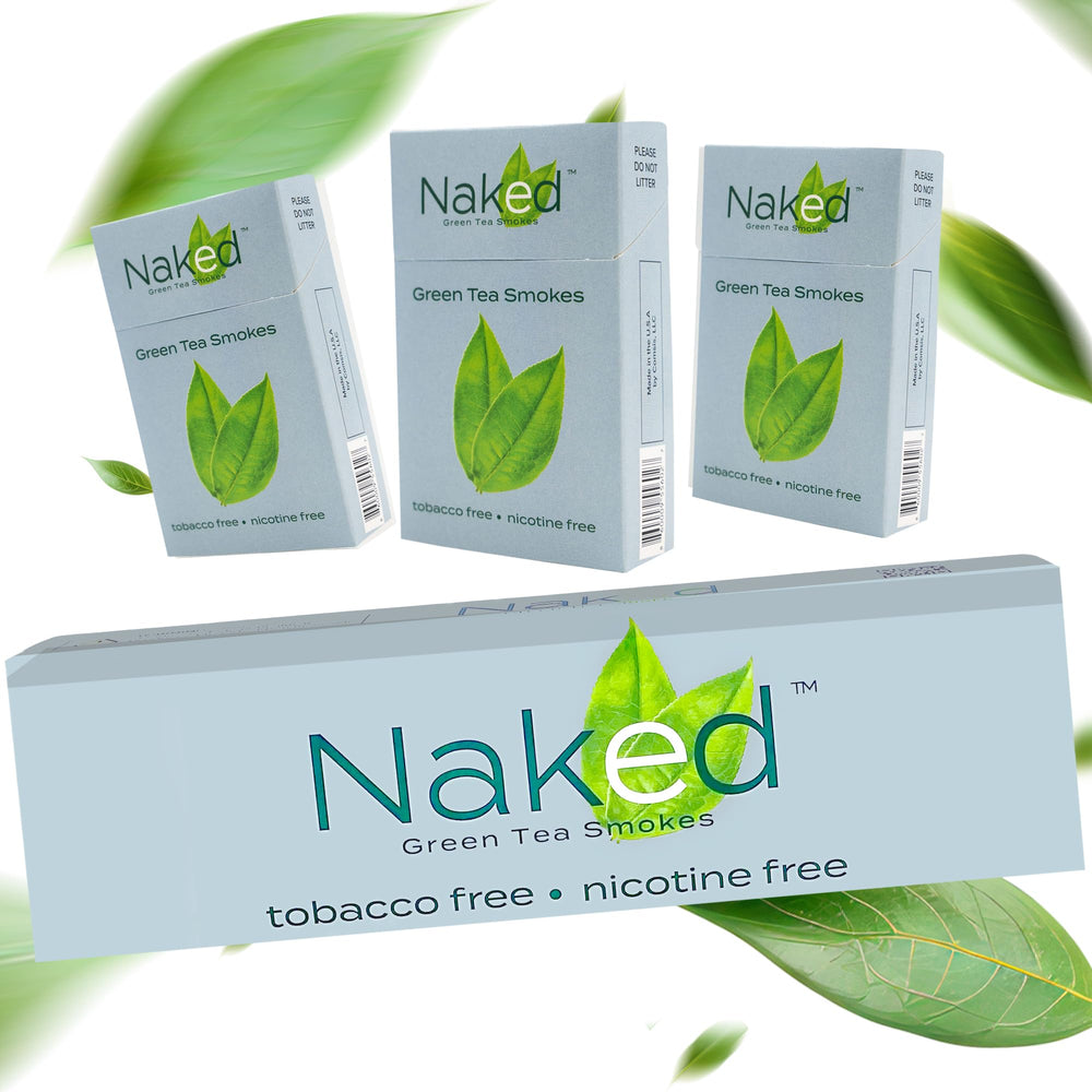 Naked Green Tea Smokes Cool pack front, premium branding for a tobacco-free option.