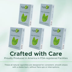Naked Green Tea Smokes USA-made label on box signifies quality and non-tobacco focus.