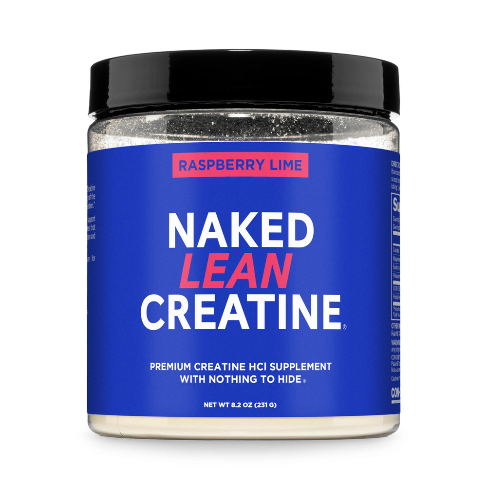 NAKED Lean Creatine HCl bottle pour showing raspberry lime flavor for defined performance