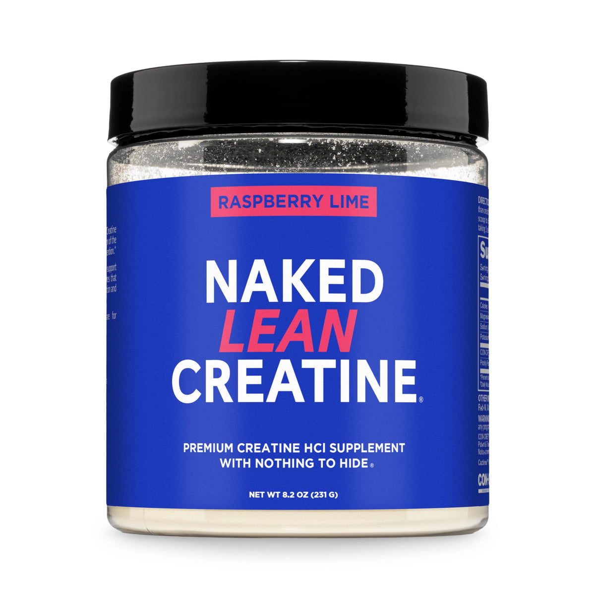 NAKED Lean Creatine HCl bottle pour showing raspberry lime flavor for defined performance