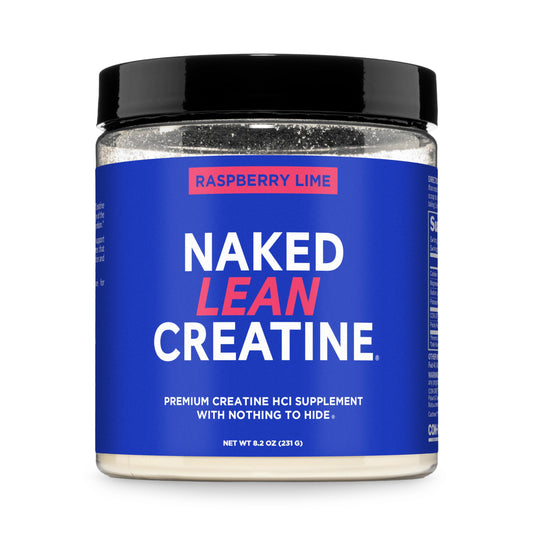 NAKED Lean Creatine HCl bottle pour showing raspberry lime flavor for defined performance
