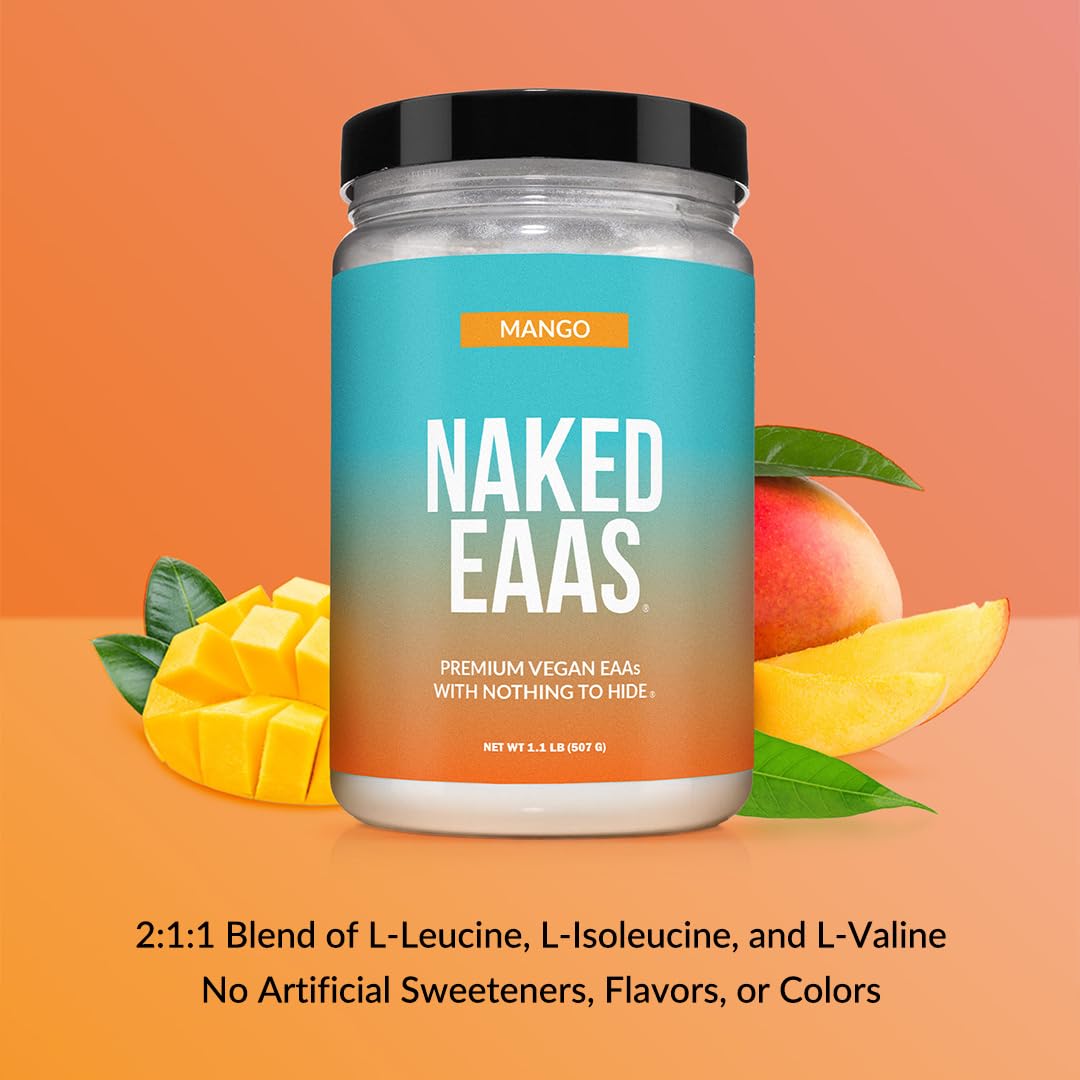 NAKED Mango EAAs powder bottle shown for easy daily vegan supplementation.