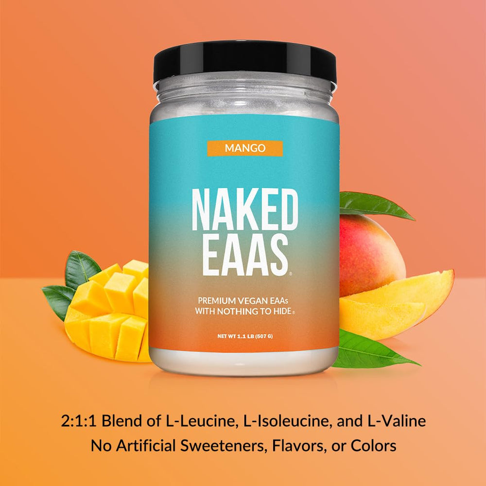NAKED Mango EAAs powder bottle shown for easy daily vegan supplementation.