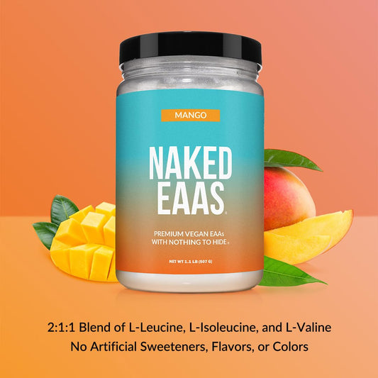 NAKED Mango EAAs powder bottle shown for easy daily vegan supplementation.