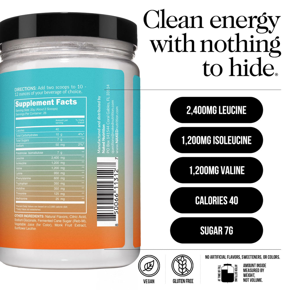 NAKED Mango EAAs powder dissolving in water to form a smooth drink.