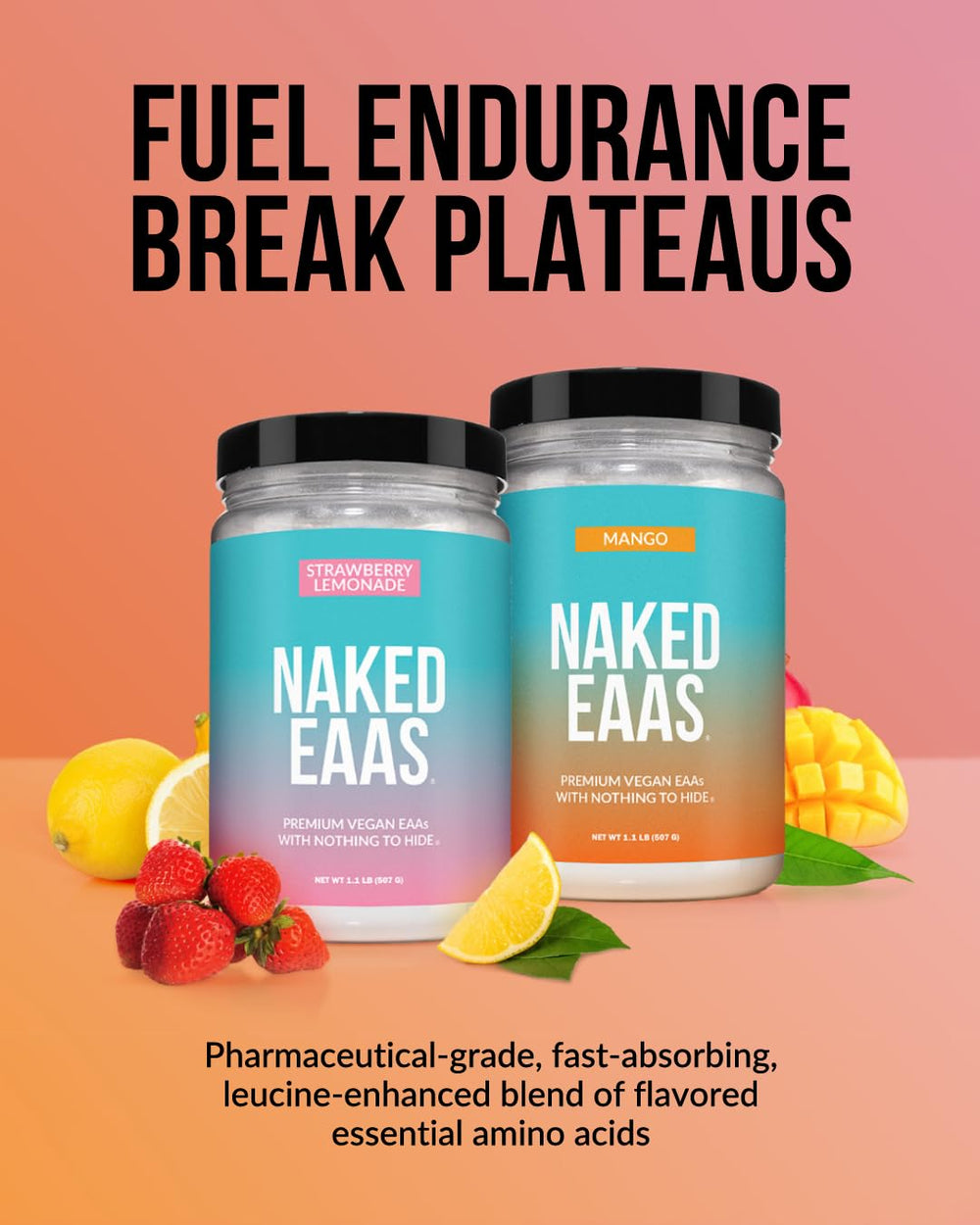 NAKED Mango EAAs powder label highlights vegan and gluten-free status.
