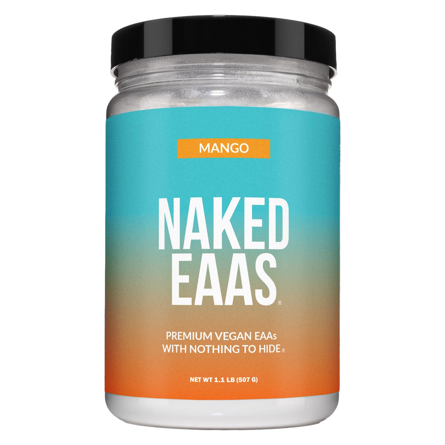 NAKED Mango EAAs powder with scoop ready to mix for a refreshing post-workout ritual.