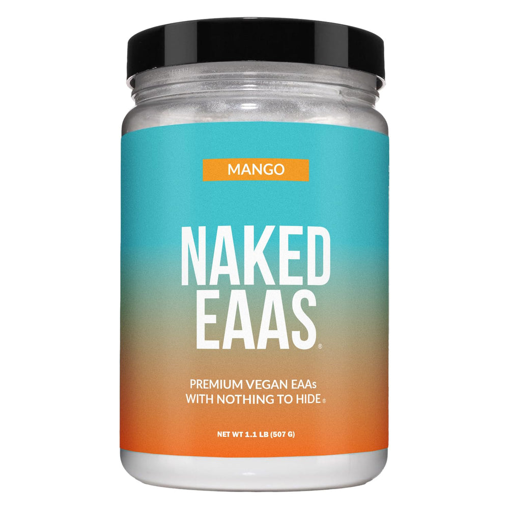NAKED Mango EAAs powder with scoop ready to mix for a refreshing post-workout ritual.