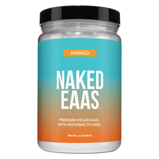 NAKED Mango EAAs powder with scoop ready to mix for a refreshing post-workout ritual.