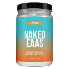 NAKED Mango EAAs powder with scoop ready to mix for a refreshing post-workout ritual.