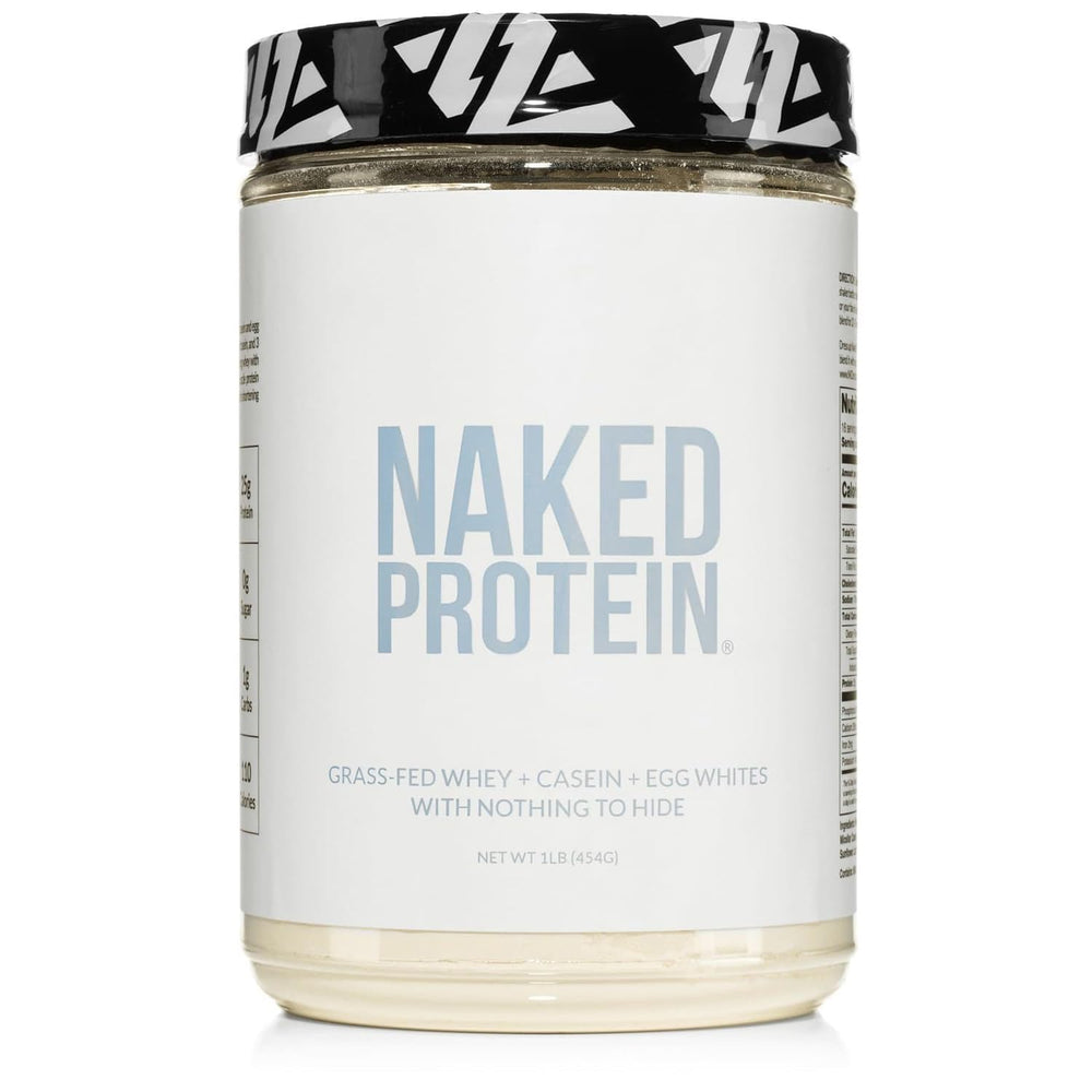 NAKED Protein Powder Blend bottle shows four ingredients for clean protein delivery.