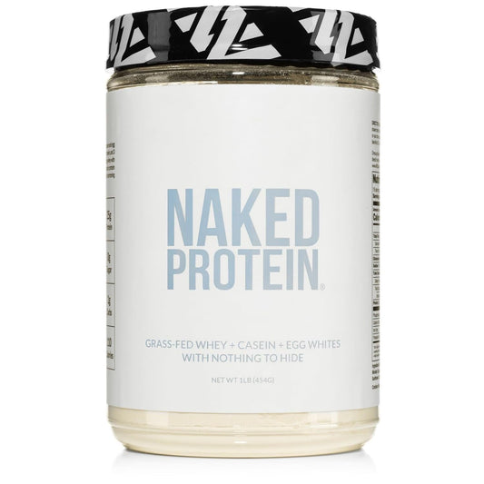 NAKED Protein Powder Blend bottle shows four ingredients for clean protein delivery.