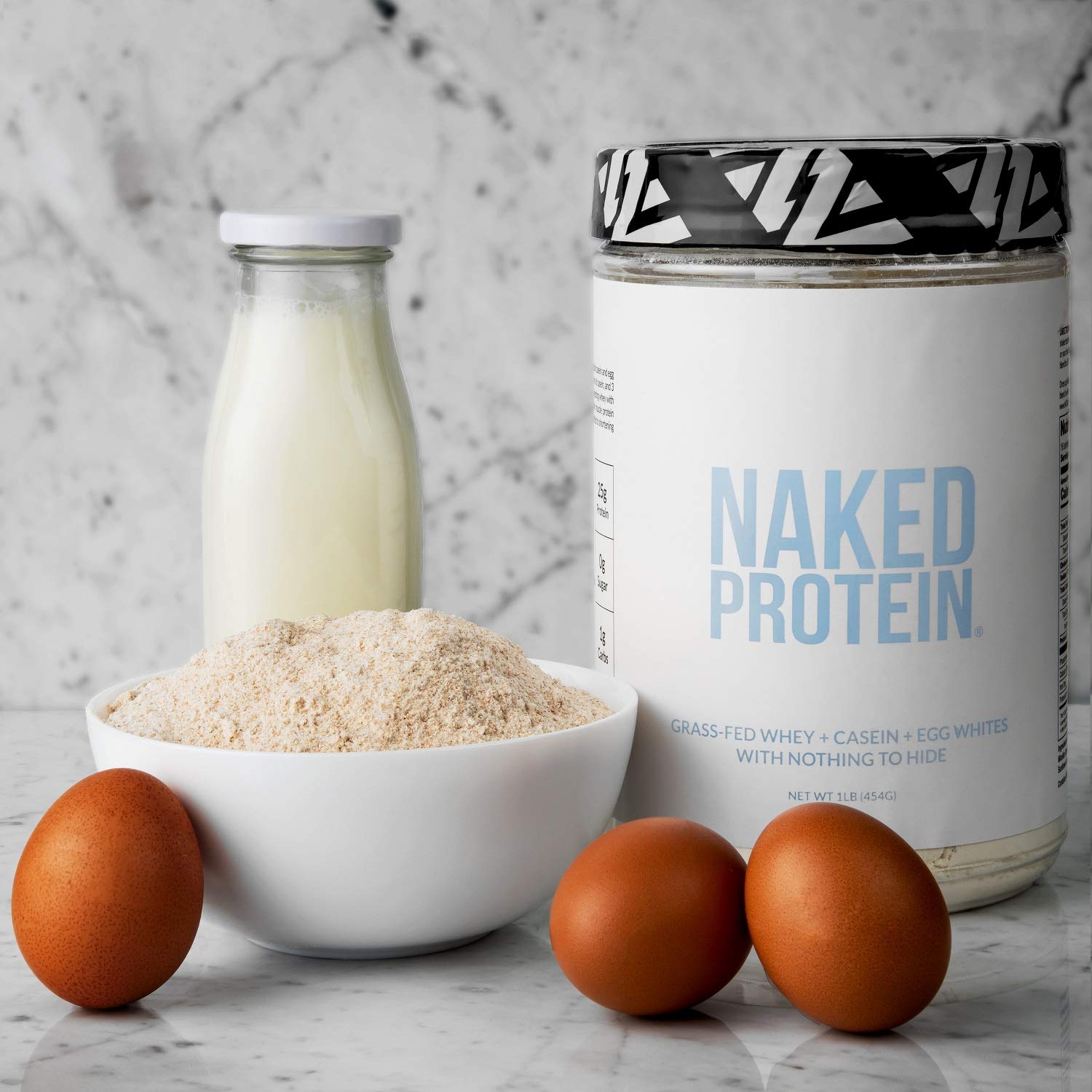 Ingredients chart highlights grass-fed whey, micellar casein, and egg white protein.
