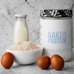 Ingredients chart highlights grass-fed whey, micellar casein, and egg white protein.