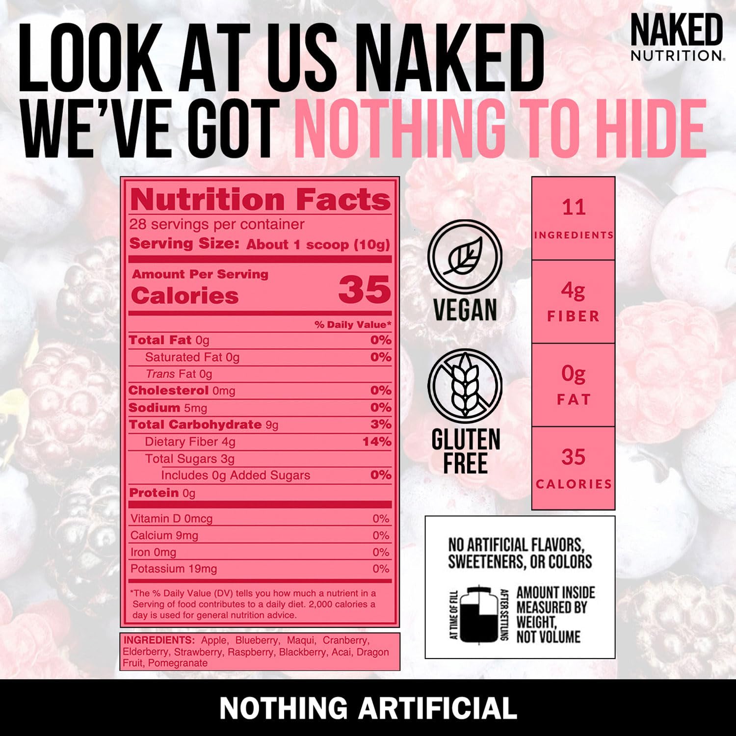 NAKED Reds ingredients mix reveals 11 fruits for colorful wellness support.