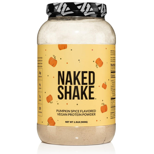 NAKED Shake Pumpkin Spice bottle pour showing ready-to-make plant-based protein