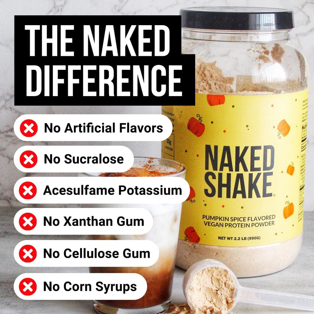 NAKED Shake Pumpkin Spice shake in a glass highlighting creamy vegan protein