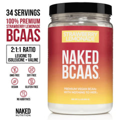 NAKED Strawberry Lemonade BCAAs being poured into water for refreshing hydration.