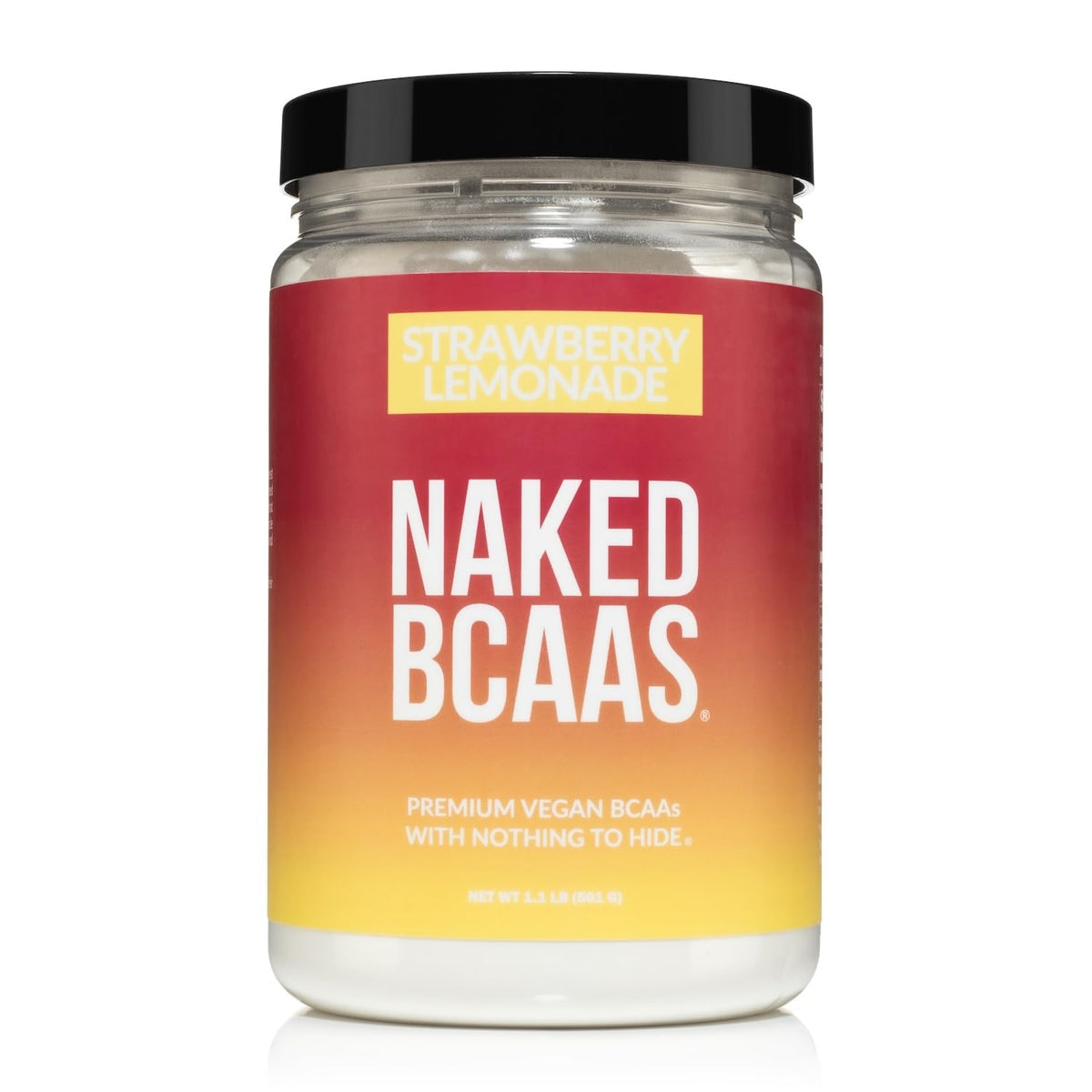 NAKED Strawberry Lemonade BCAAs tub label for clean amino acid support after workouts.