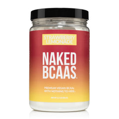 NAKED Strawberry Lemonade BCAAs tub label for clean amino acid support after workouts.