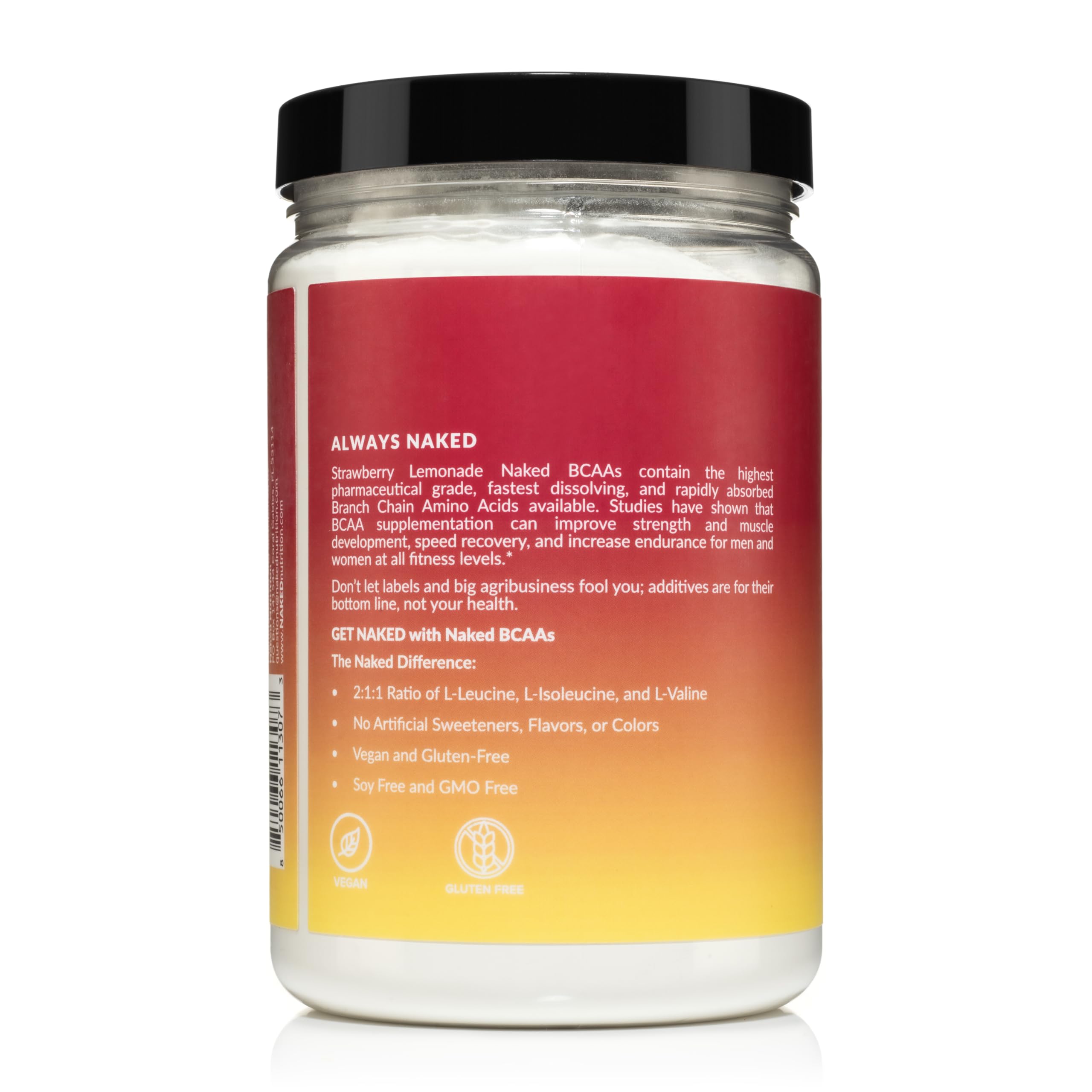 NAKED Strawberry Lemonade BCAAs on a gym bench suggesting energy and performance support.